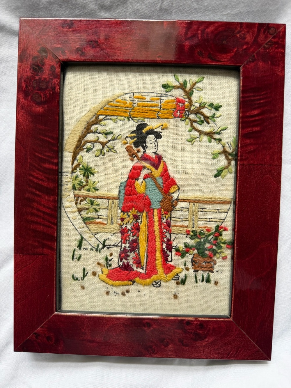 Framed Hand-Embroidered  ( crewel ) Geisha Artwork in Red and Gold